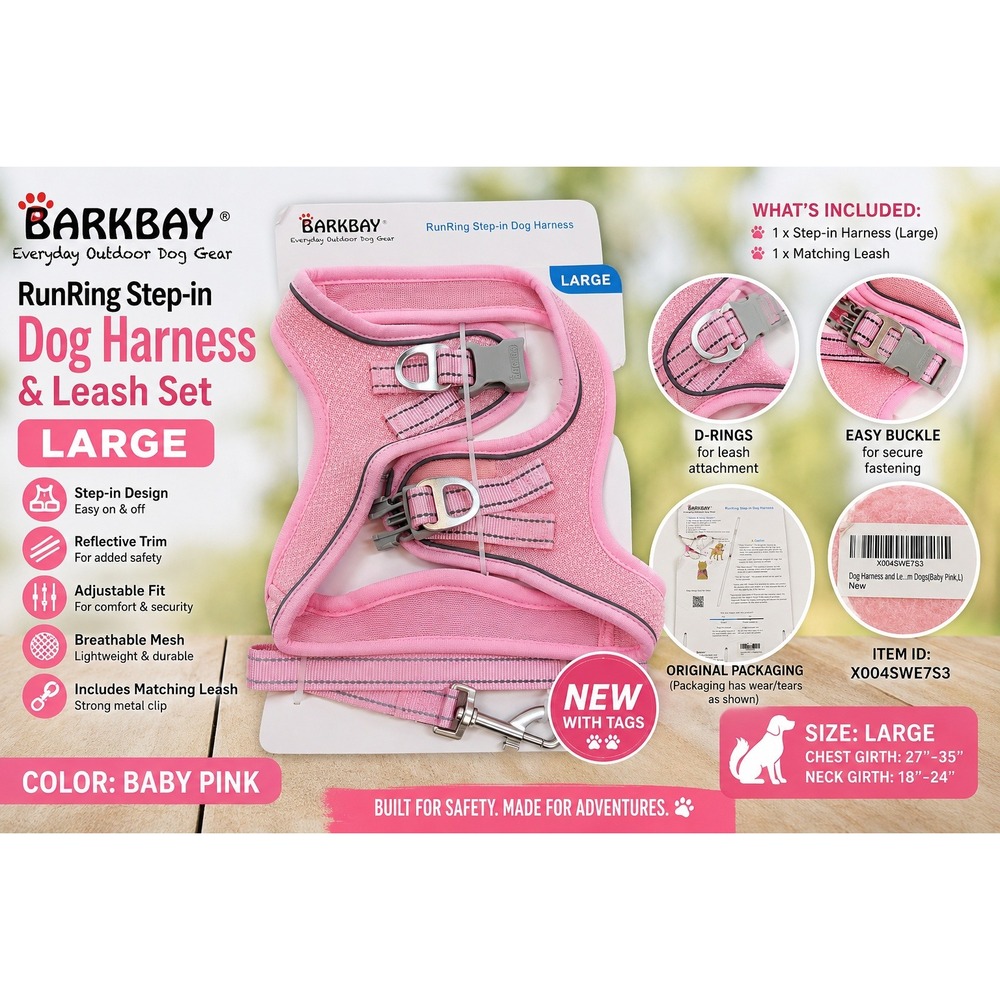 Barkbay RunRing Step-in Dog Harness & Leash Set Baby Pink Large X004SWE7S3